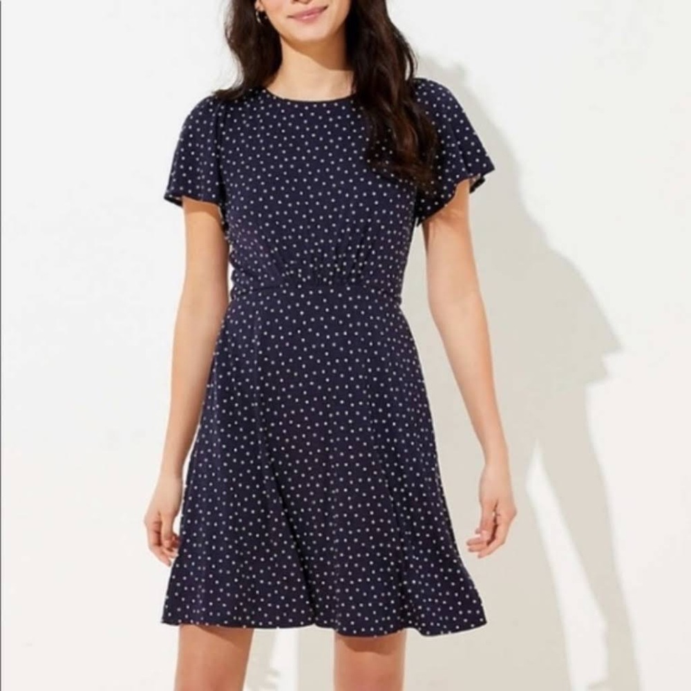 LOFT Navy Polka Dot Flutter Sleeve Dress NWT